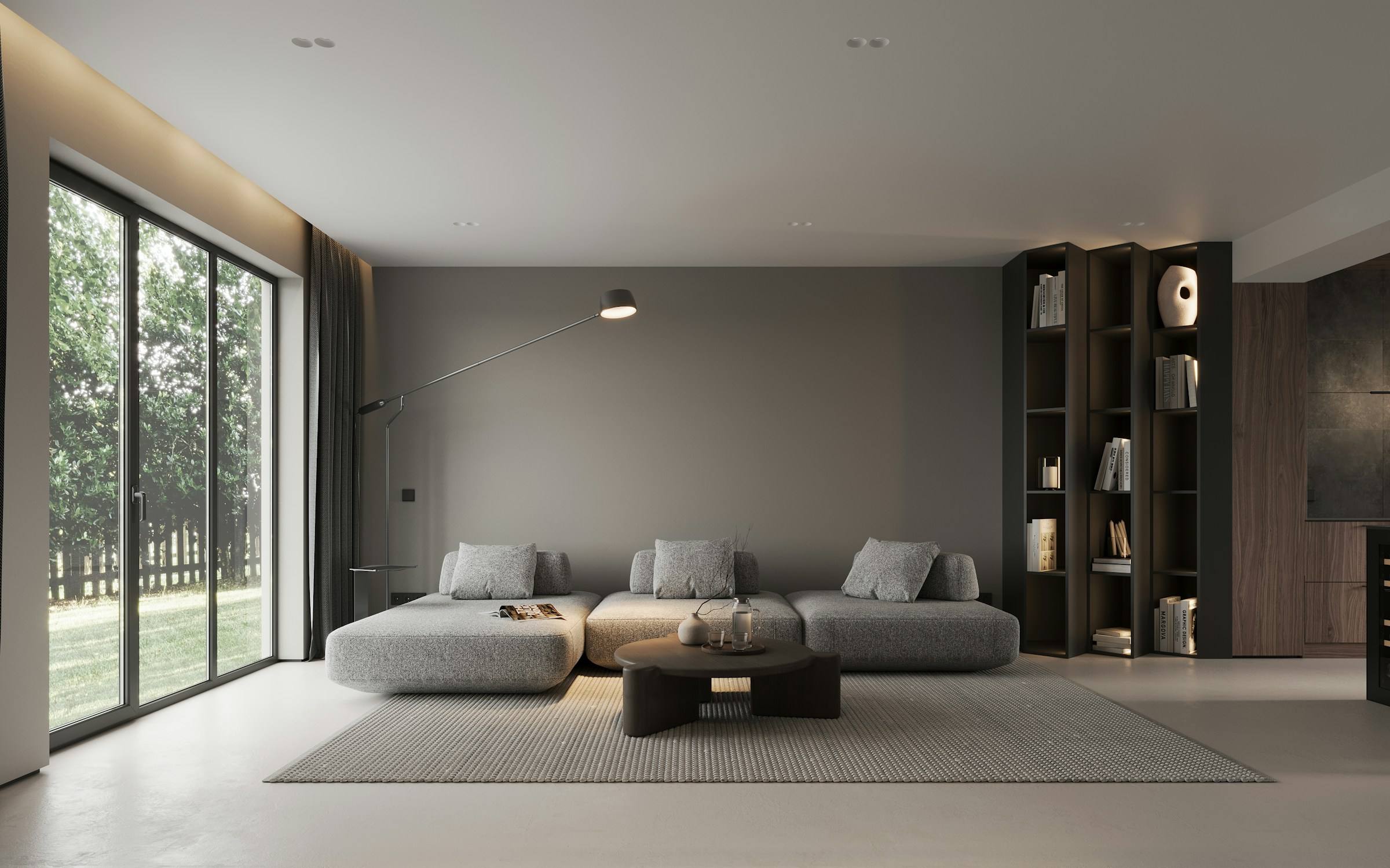 Bright modern living room with large windows